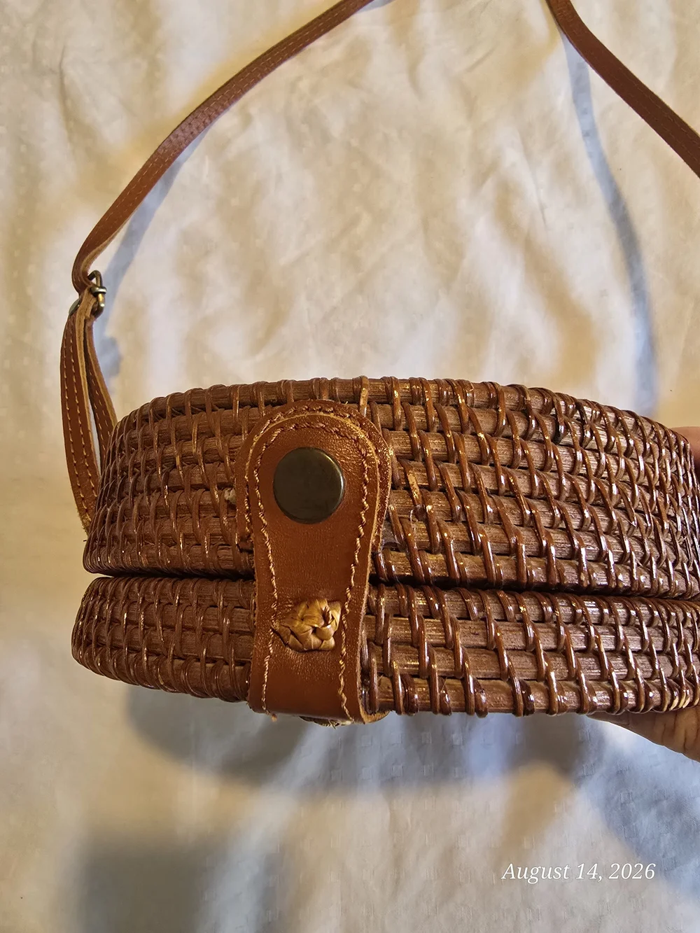 Round Bali Woven Rattan Brown Crossbody Bag with Floral Lining